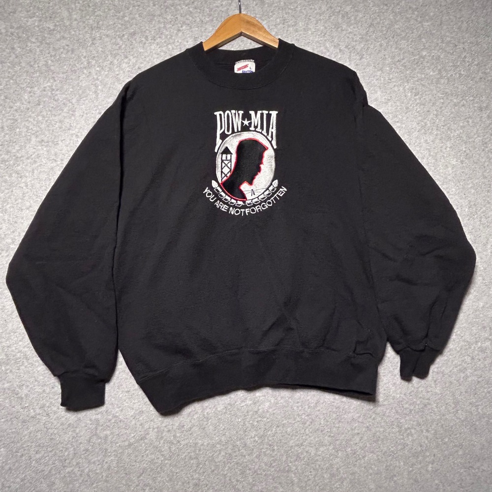 Jerzees POW-MIA Sweatshirt Mens L Black Embroidered USA Made Vintage Military